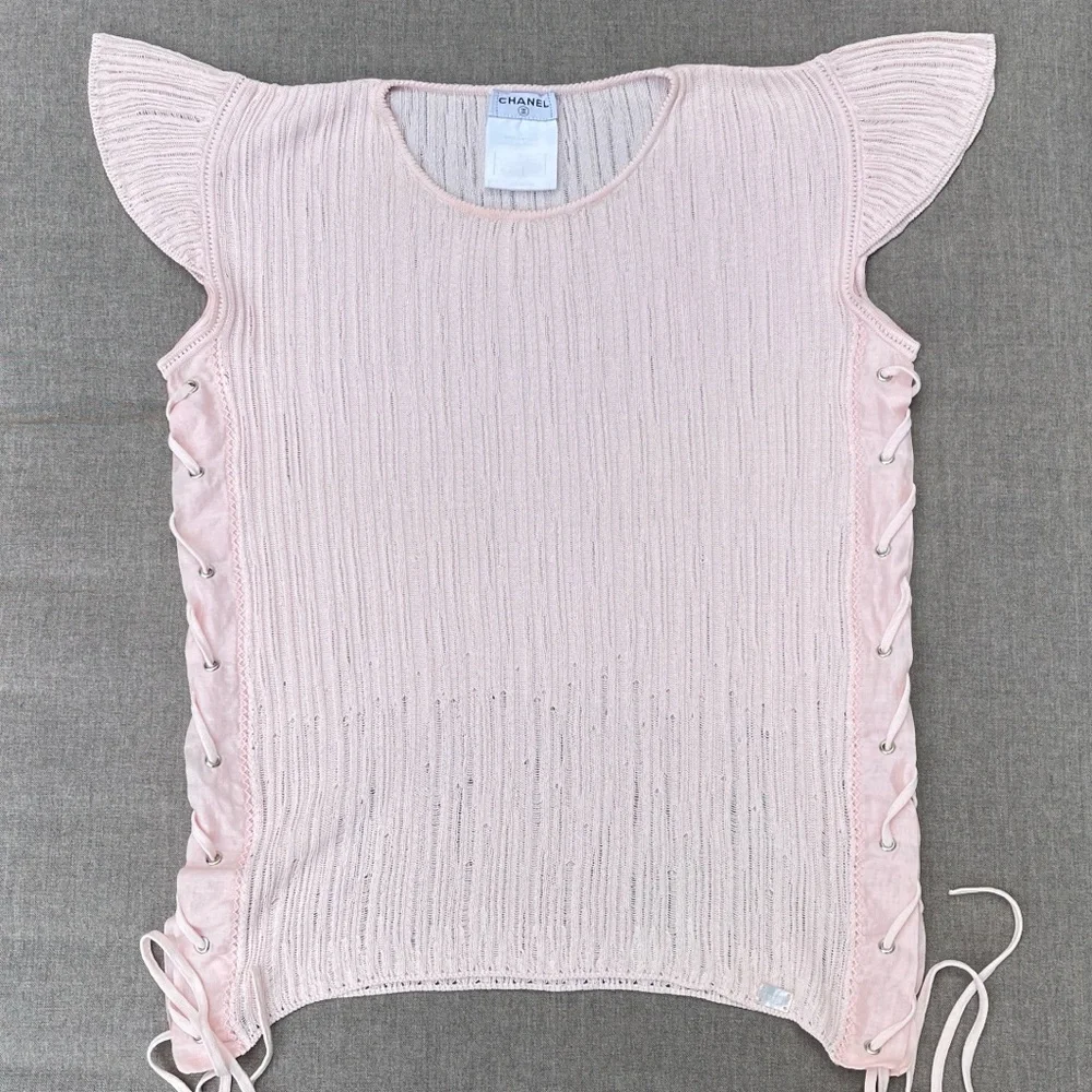 CHANEL Pink Flutter Sleeve Lightweight Knit Top